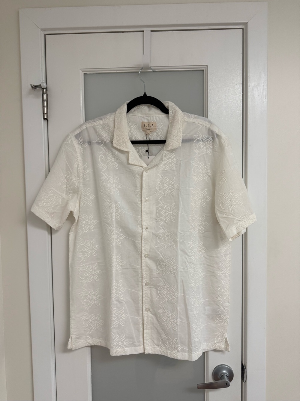 NWT E.T.A Men’s White Embroidered Cotton Shirt, Large